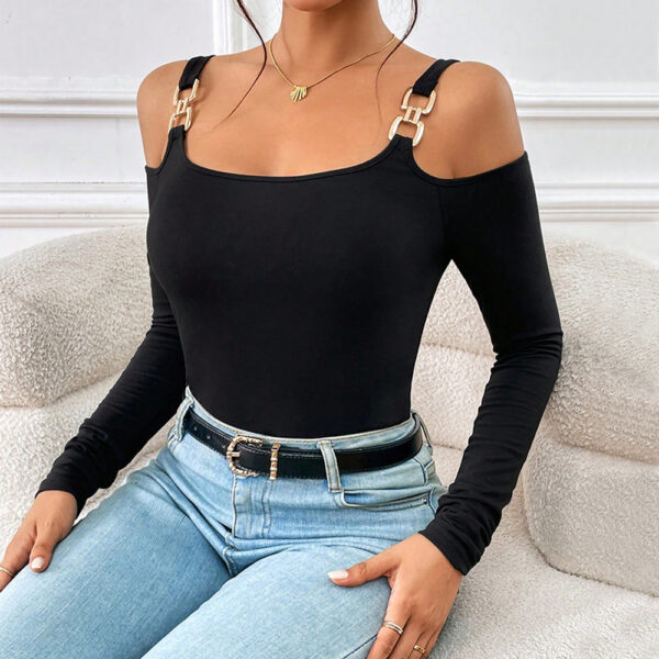 Off-Shoulder Suspender Top – Long Sleeve Sexy Knitted Blouse with Metal Hooks | Slim Fit Spring-Summer Fashion - Image 7