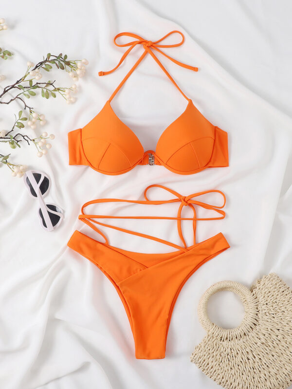 Women's Solid Color Split Bikini Set – High-Cut Swimwear in Vibrant Orange | Nylon Stretch Fabric - Image 4