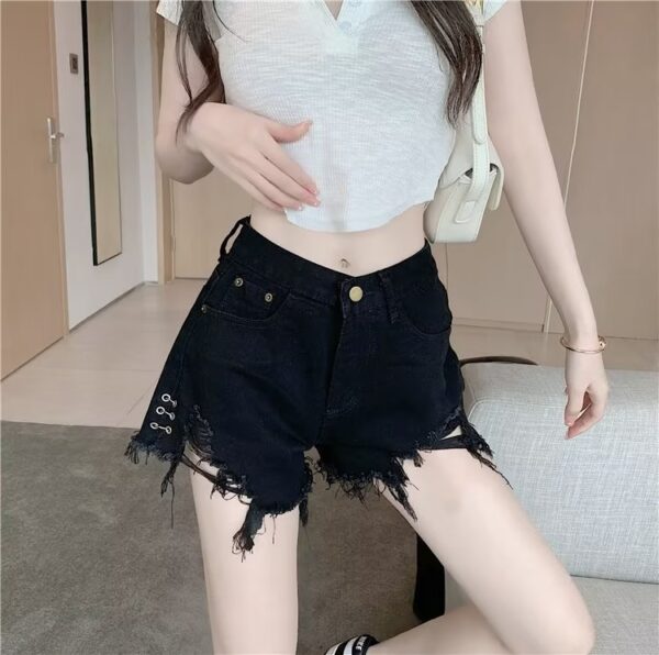 Women’s Vintage High Waist Denim Shorts – Distressed Frayed Hem & Slimming Fit | Black, Blue - Image 3
